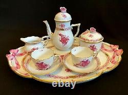 Herend Porcelain Handpaited Chinese Bouquet Raspberry Mocha Set For 2 Person