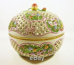 Herend, XXL Floral Open Work Reticulated Round Box 7.5, Handpainted Porcelain