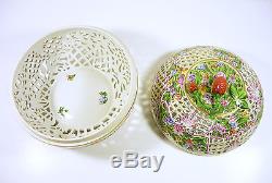 Herend, XXL Floral Open Work Reticulated Round Box 7.5, Handpainted Porcelain