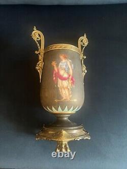 Highly Decorative Hand Painted Porcelain And Bronze Handled Urn c. 1880