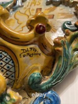 ITALIAN DI FRA CALTAGIRONE PORCELAIN Hand Painted Glaze Holy Water Font