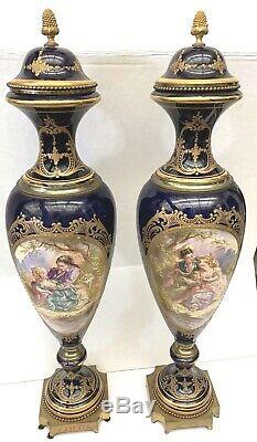 Important Pair Of 1870s French Sevres Hand Painted On Porcelain 28'' Cover Jar