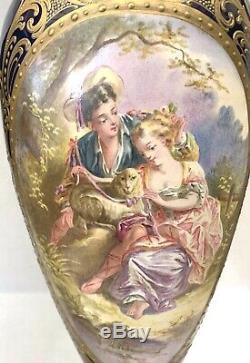 Important Pair Of 1870s French Sevres Hand Painted On Porcelain 28'' Cover Jar