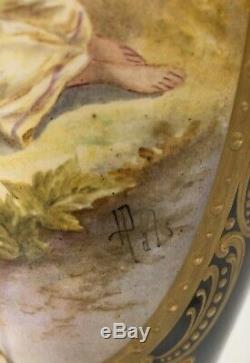 Important Pair Of 1870s French Sevres Hand Painted On Porcelain 28'' Cover Jar