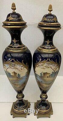 Important Pair Of 1870s French Sevres Hand Painted On Porcelain 28'' Cover Jar