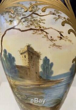 Important Pair Of 1870s French Sevres Hand Painted On Porcelain 28'' Cover Jar