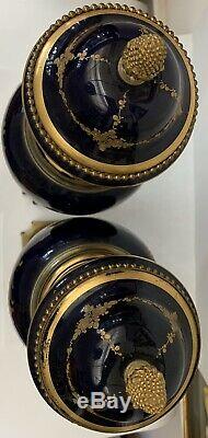 Important Pair Of 1870s French Sevres Hand Painted On Porcelain 28'' Cover Jar