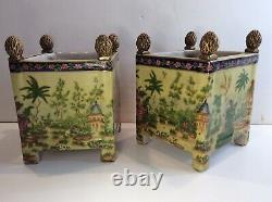 JUWC 1897 United Wilson Handpainted Chinoiserie Jardiniere Planter Cachepot PAIR