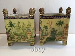 JUWC 1897 United Wilson Handpainted Chinoiserie Jardiniere Planter Cachepot PAIR