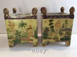 JUWC 1897 United Wilson Handpainted Chinoiserie Jardiniere Planter Cachepot PAIR