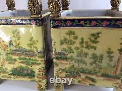 JUWC 1897 United Wilson Handpainted Chinoiserie Jardiniere Planter Cachepot PAIR