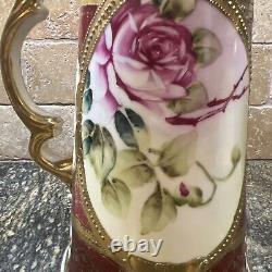 Japanese Porcelain Hand Painted Nippon Chocolate Pot Red Gold With Pink Roses
