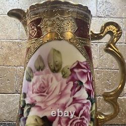 Japanese Porcelain Hand Painted Nippon Chocolate Pot Red Gold With Pink Roses