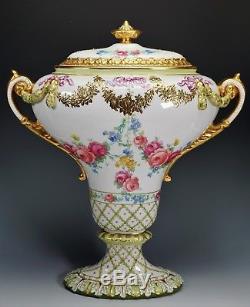 Large 16 Tall Royal Bonn Porcelain Hand Painted Urn Centerpiece Gold Gilt Roses