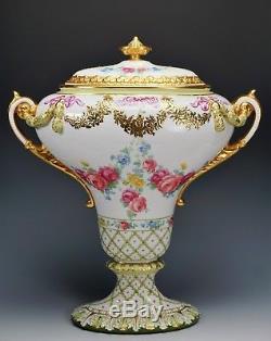 Large 16 Tall Royal Bonn Porcelain Hand Painted Urn Centerpiece Gold Gilt Roses