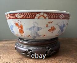 Large 19th c. Kanxi Imari Chinese Porcelain Bowl, Elders, Children & Blossoms