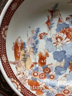 Large 19th c. Kanxi Imari Chinese Porcelain Bowl, Elders, Children & Blossoms