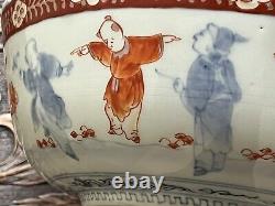 Large 19th c. Kanxi Imari Chinese Porcelain Bowl, Elders, Children & Blossoms