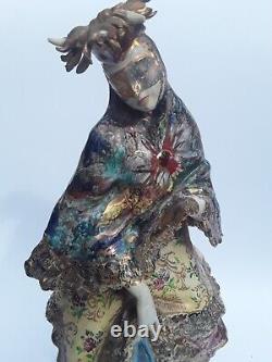 Large Antique Capodimonte Hand Painted Figurine Dancing Lady In Carnival Mask