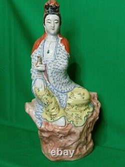 Large Antique Chinese Hand Painted Porcelain Guanyin Statue Figure Signed