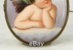 Large Antique Hand Painted Angel on Porcelain Cameo Brooch Pin. Fine Details
