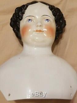 Large Antique Victorian Porcelain Doll's Head with Black Hair 8 x 5