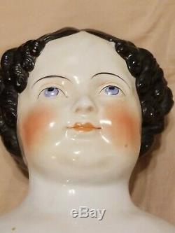 Large Antique Victorian Porcelain Doll's Head with Black Hair 8 x 5