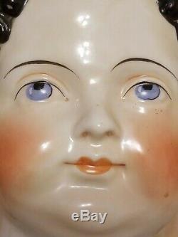 Large Antique Victorian Porcelain Doll's Head with Black Hair 8 x 5