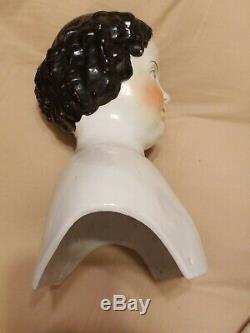 Large Antique Victorian Porcelain Doll's Head with Black Hair 8 x 5