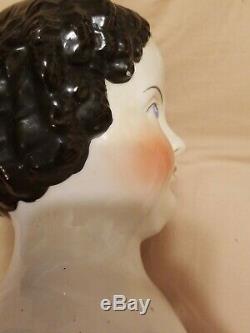 Large Antique Victorian Porcelain Doll's Head with Black Hair 8 x 5