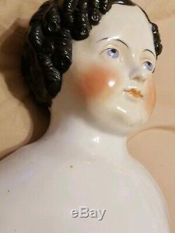 Large Antique Victorian Porcelain Doll's Head with Black Hair 8 x 5