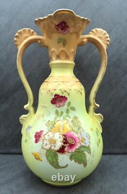 Large Antique Victorian Vase Hand Painted Twin Handled Hand Painted Yellow Flora