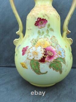 Large Antique Victorian Vase Hand Painted Twin Handled Hand Painted Yellow Flora