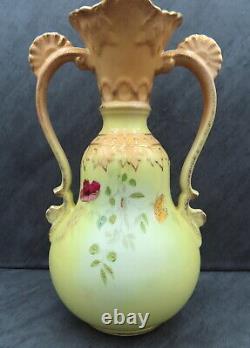 Large Antique Victorian Vase Hand Painted Twin Handled Hand Painted Yellow Flora