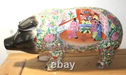 Large C19th Chinese Canton Famille Rose Medallion Piggy Bank Floral Pig