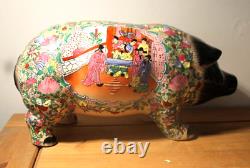 Large C19th Chinese Canton Famille Rose Medallion Piggy Bank Floral Pig