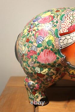 Large C19th Chinese Canton Famille Rose Medallion Piggy Bank Floral Pig