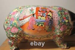 Large C19th Chinese Canton Famille Rose Medallion Piggy Bank Floral Pig