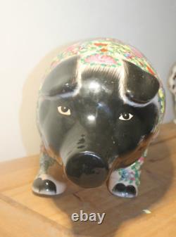 Large C19th Chinese Canton Famille Rose Medallion Piggy Bank Floral Pig