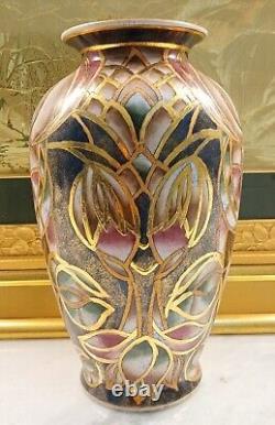 Large Ceramic Porcelain Hand painted Gold Blue Pink Brown Floral Flower Vase