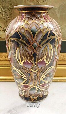 Large Ceramic Porcelain Hand painted Gold Blue Pink Brown Floral Flower Vase