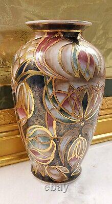 Large Ceramic Porcelain Hand painted Gold Blue Pink Brown Floral Flower Vase