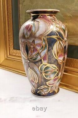 Large Ceramic Porcelain Hand painted Gold Blue Pink Brown Floral Flower Vase