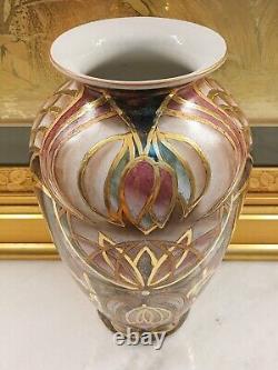 Large Ceramic Porcelain Hand painted Gold Blue Pink Brown Floral Flower Vase