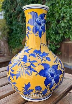 Large Chinese Blue & Yellow Porcelain Vase Handpainted Vine Floral Marked 12