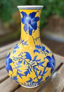 Large Chinese Blue & Yellow Porcelain Vase Handpainted Vine Floral Marked 12