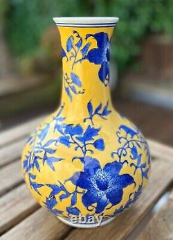 Large Chinese Blue & Yellow Porcelain Vase Handpainted Vine Floral Marked 12