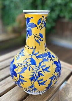 Large Chinese Blue & Yellow Porcelain Vase Handpainted Vine Floral Marked 12