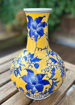 Large Chinese Blue & Yellow Porcelain Vase Handpainted Vine Floral Marked 12