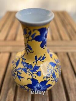 Large Chinese Blue & Yellow Porcelain Vase Handpainted Vine Floral Marked 12